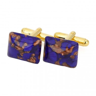 Deep Blue and Copper Rectangular Murano Glass Cufflinks