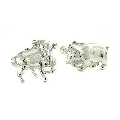 Wall Street Bull Bear Silver Cufflinks