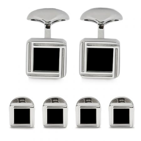 Black Octagon Onyx with Antique Silver Edge Studs and Cufflinks Set Black Octagon Onyx with Antique Silver Edge Studs and Cufflinks Set