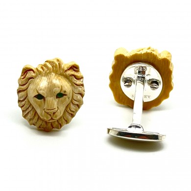 Woolly Mammoth Tusk Lion with Emerald Eyes Cufflinks