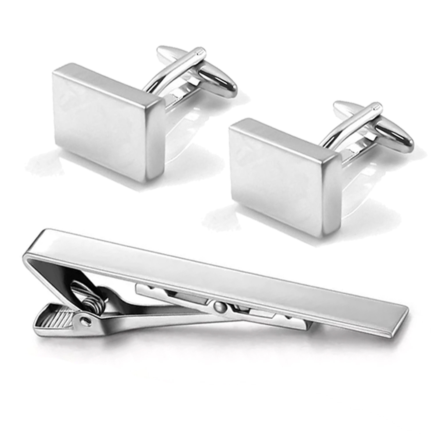 Silver tie bar and cufflink set with logo