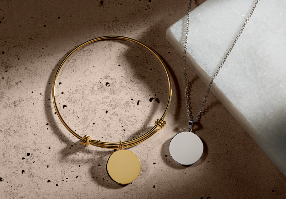 Gold Bangle Bracelet, Silver Charm Necklace