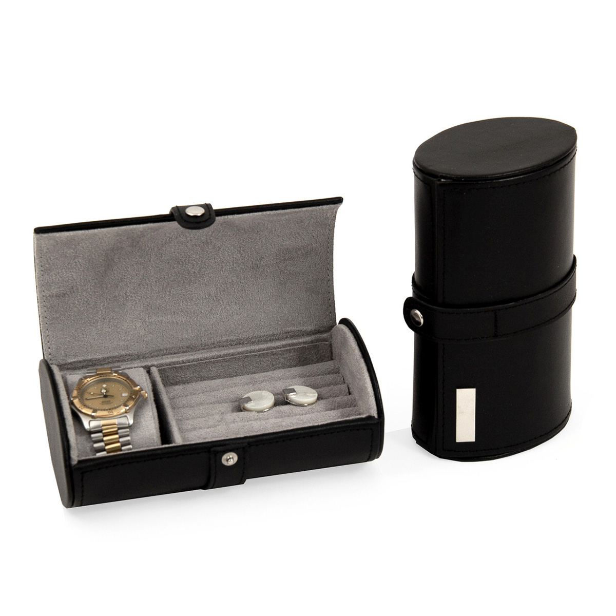 Black Vinyl Cuff Storage Mens Traveling Box Golden Trim and 