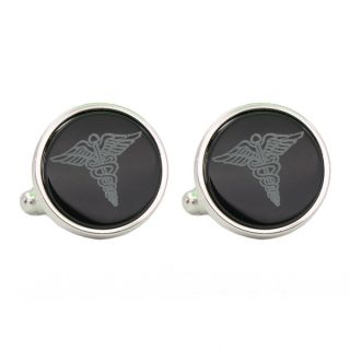 Silver Tone Etched Caduceus Cufflinks