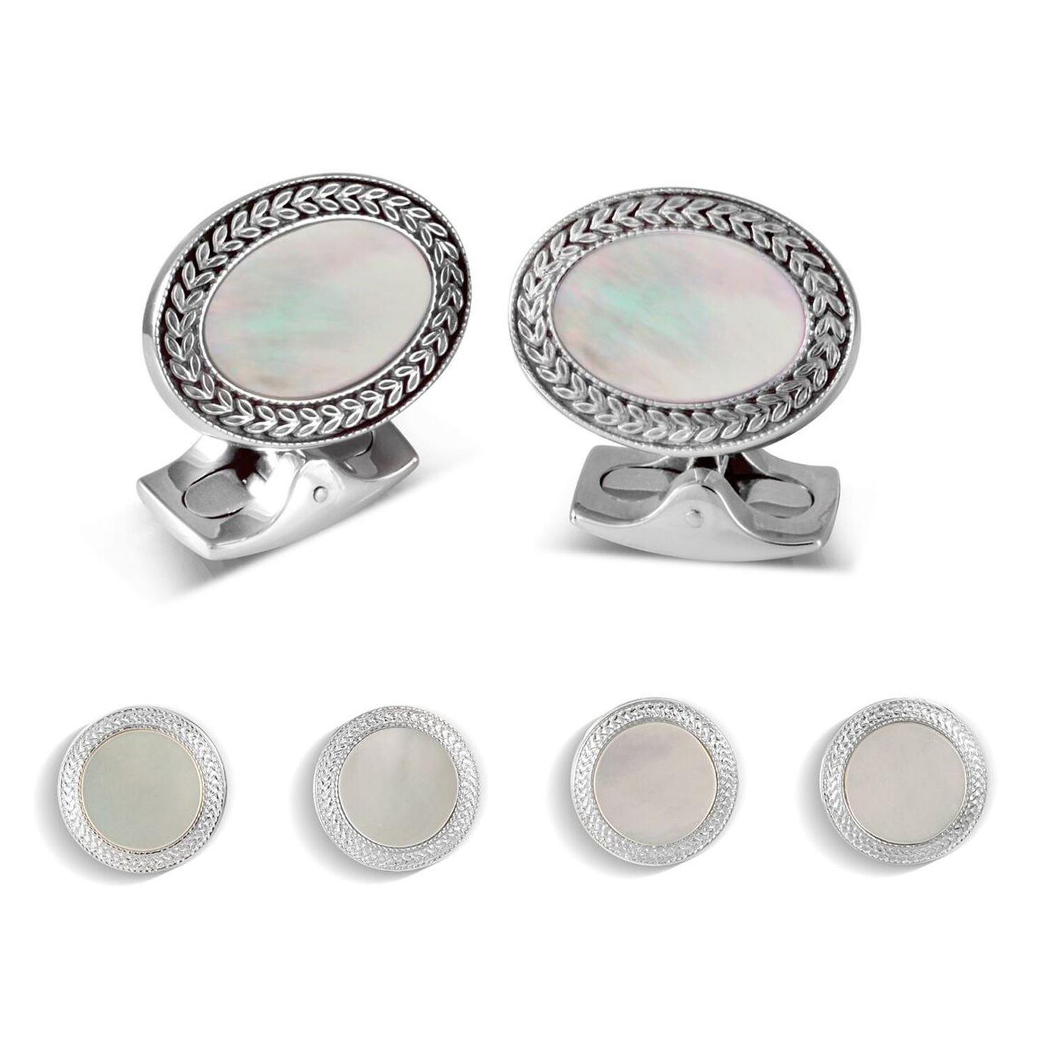 Sterling silver onyx and mother of pearl large oval Cufflinks Tie Clip Box Set