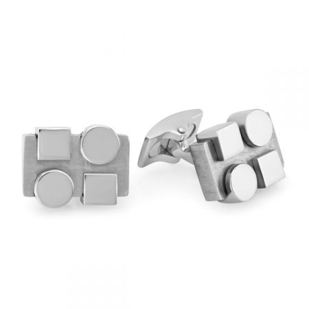 Rectangle Stainless Steel Silver Tone and Black Greek Key Pattern Cufflinks